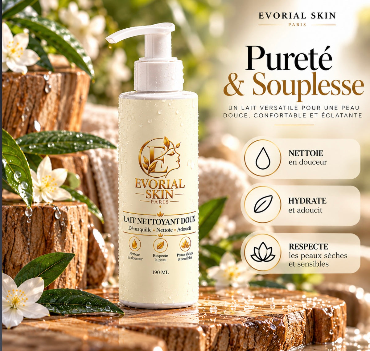 Lait Nettoyant Doux Visage – Evorial Skin – 190 ml