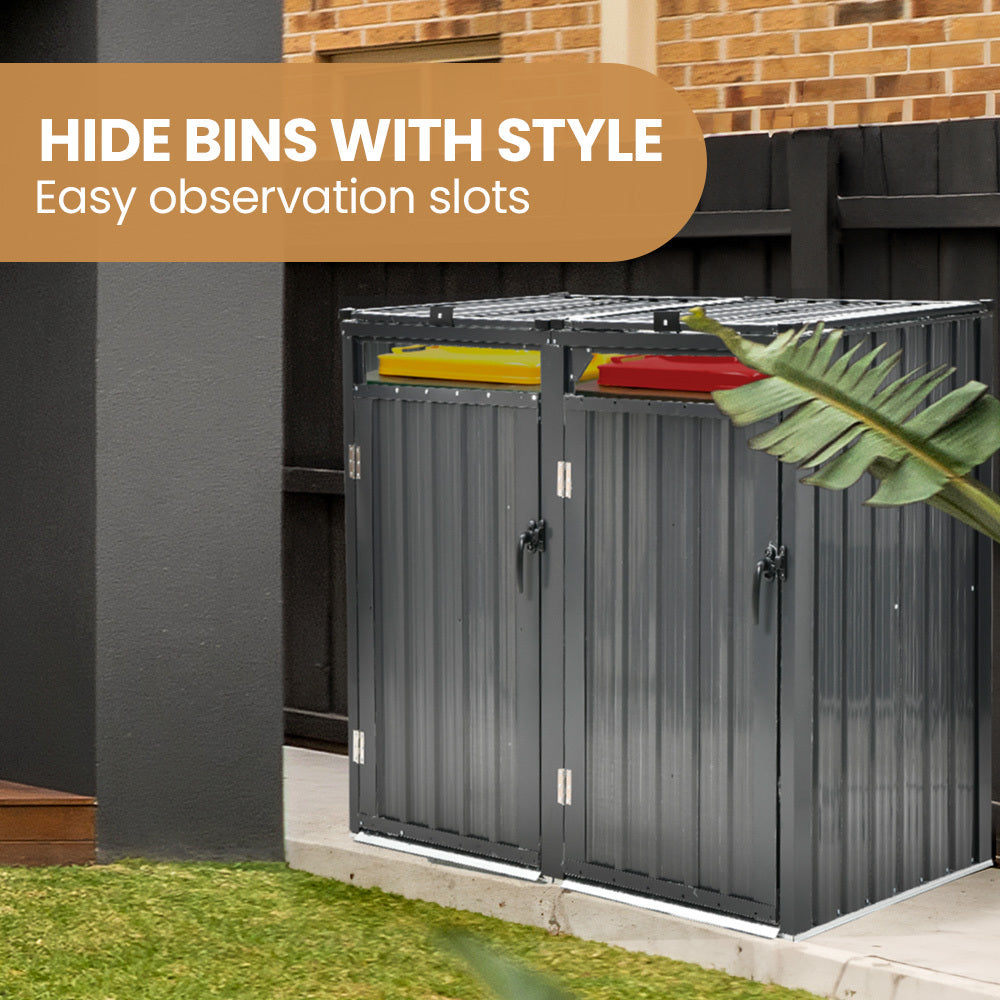 NNEMB Double Steel Wheelie Garbage Bin Storage Shed, Enclosure with 2 Opening Doors